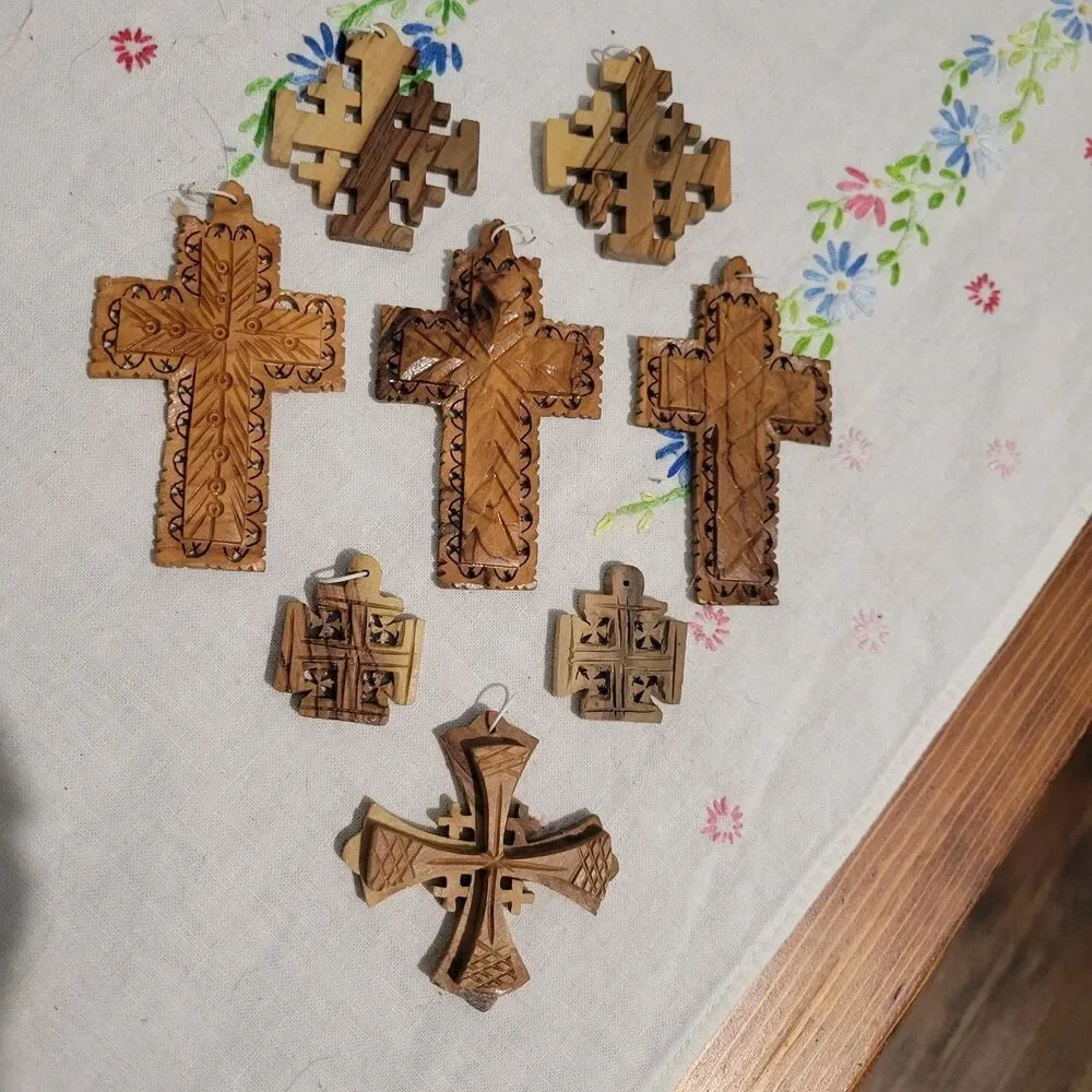 Lot of 8 Olive Wood Crosses pendants ornaments Jerusalem Bethlaham Holy Land